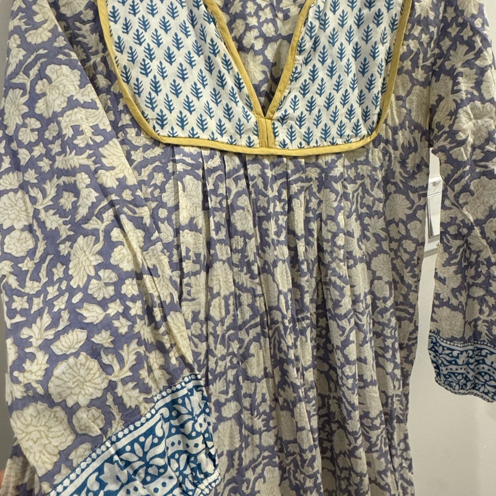 Floral SZ Blockprint Midi Dress in Blue and purple.